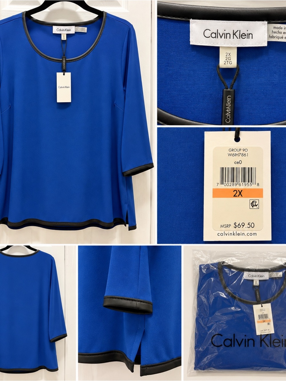 Calvin Klein 2X Blue Black Trim Blouse Top NWT